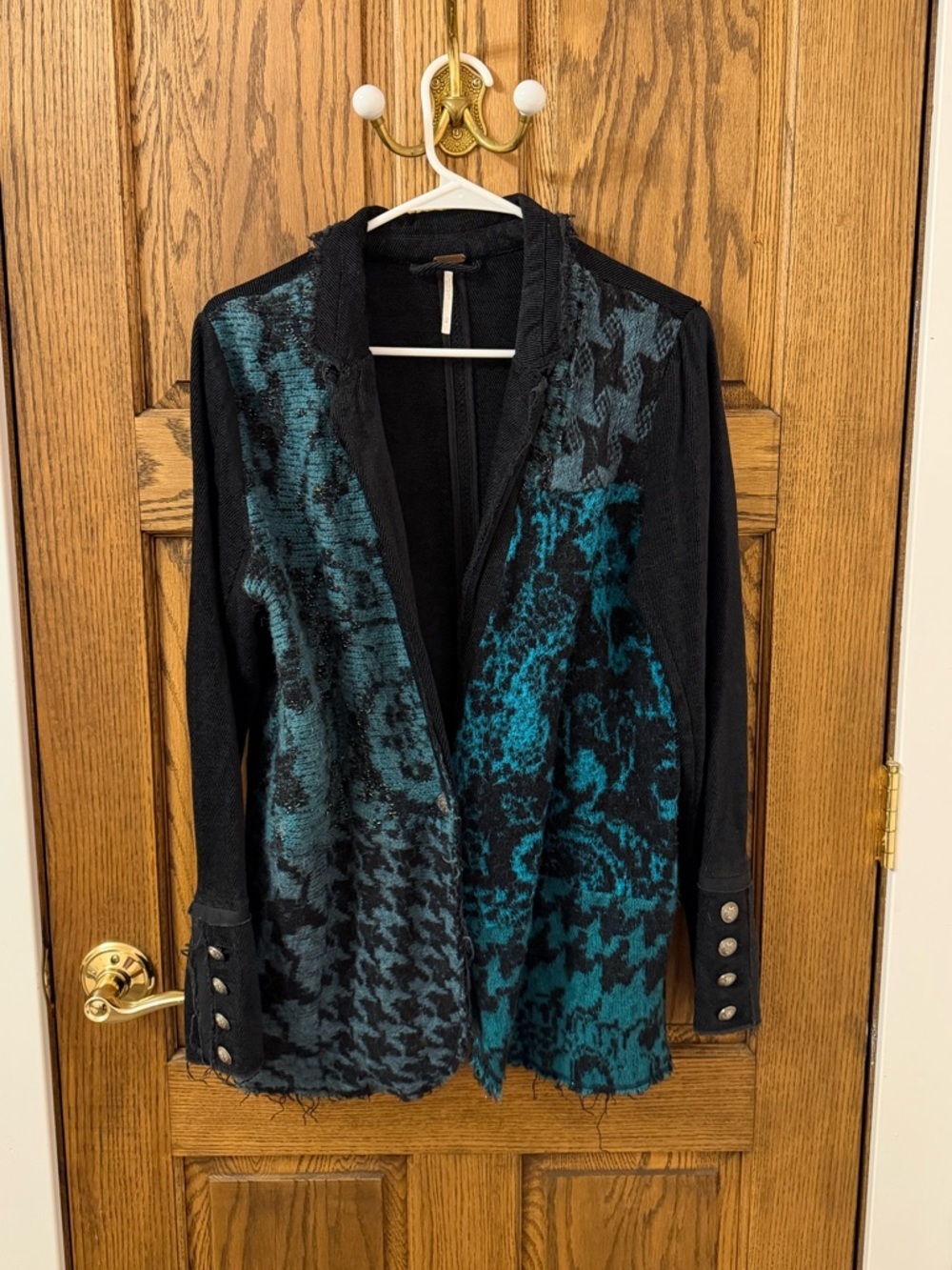 Free People Better Together Teal & Black Patterned Knit Blazer Jacket Medium - Picture 2 of 9